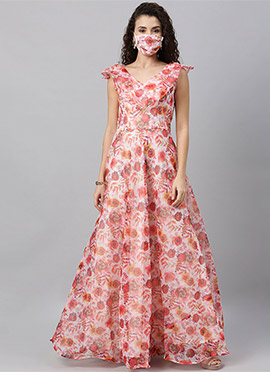 Multicolor Digital Printed Ruffles Neckline Gown