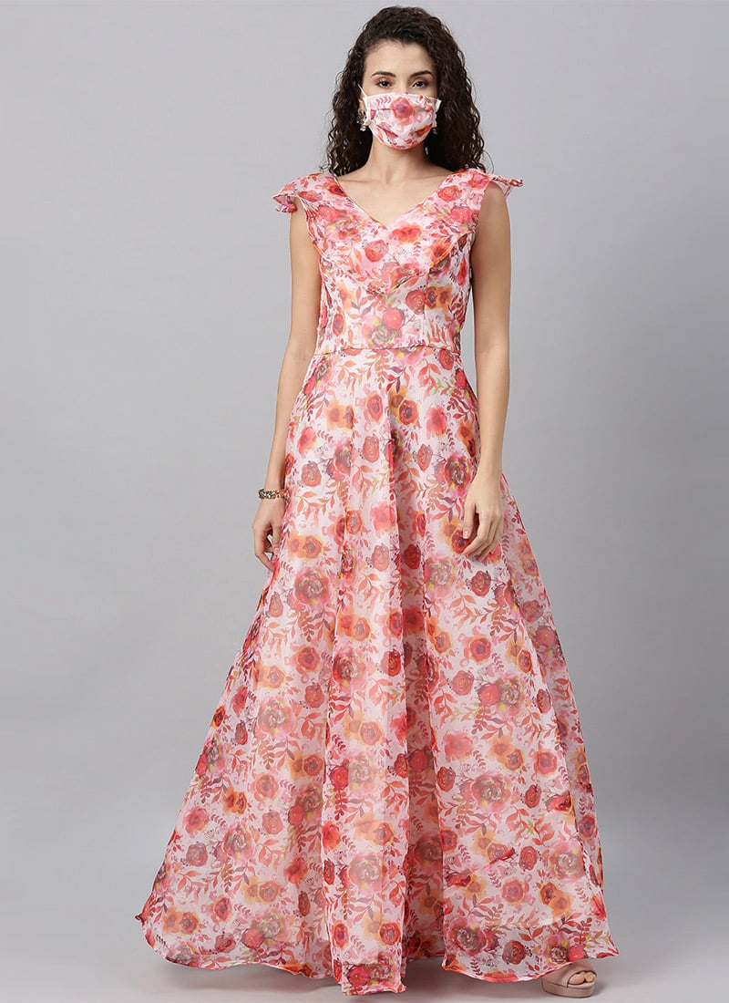 Multicolor Digital Printed Ruffles Neckline Gown Party Wear