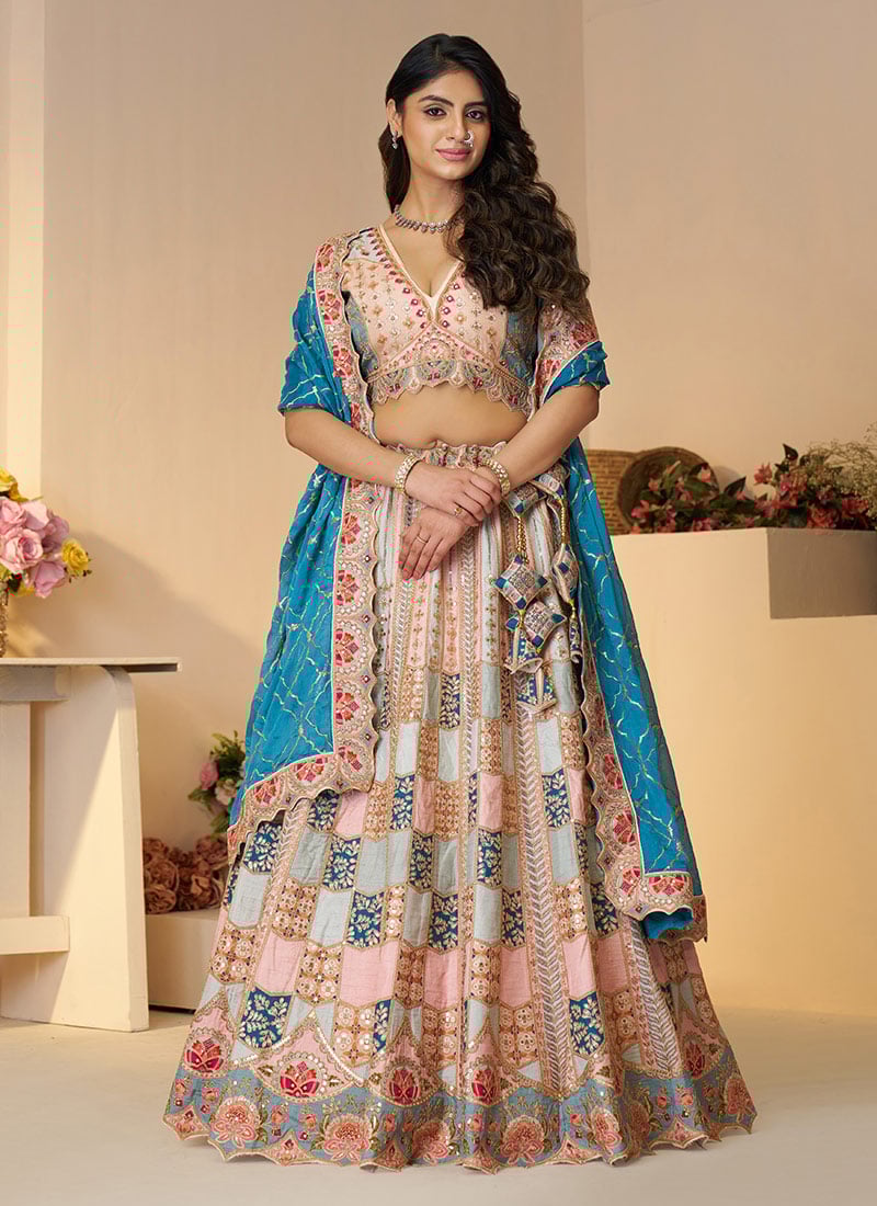Multicolor Dola Silk Zari Embroidered Sequins Lehenga Wedding Wear