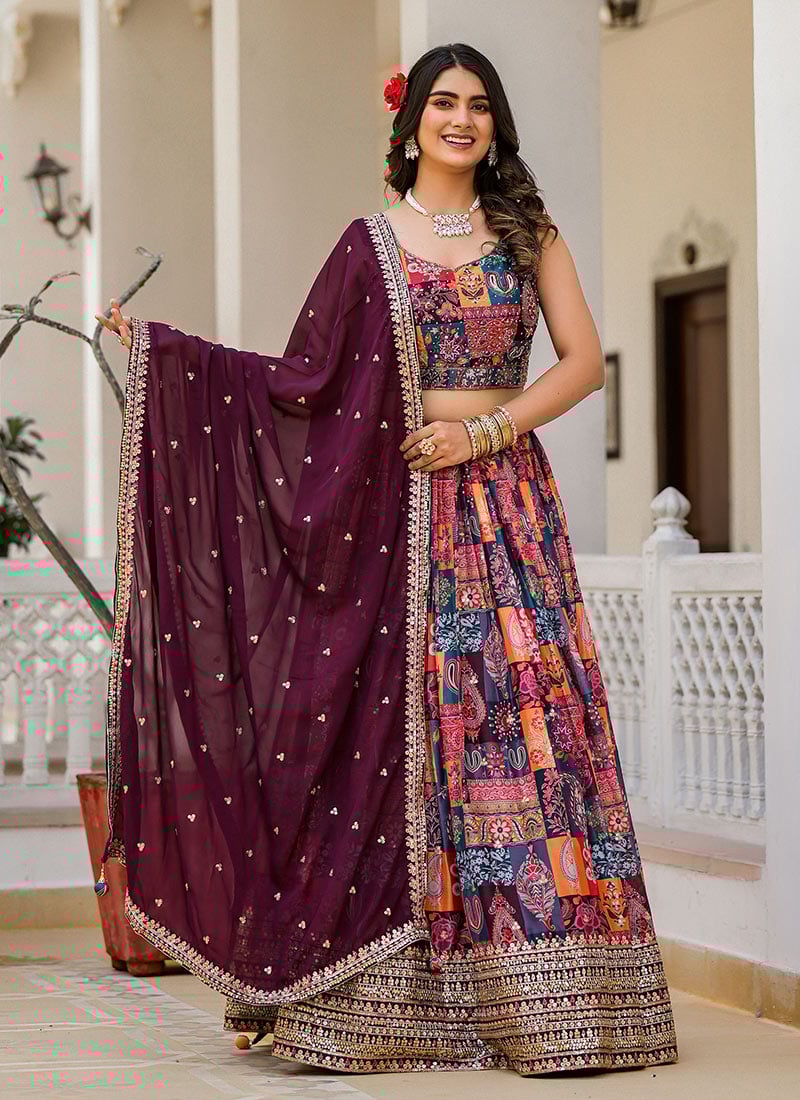 Multicolor Faux Georgette Printed With Sequins Work Lehenga Wedding Wear-GHSACZ4621