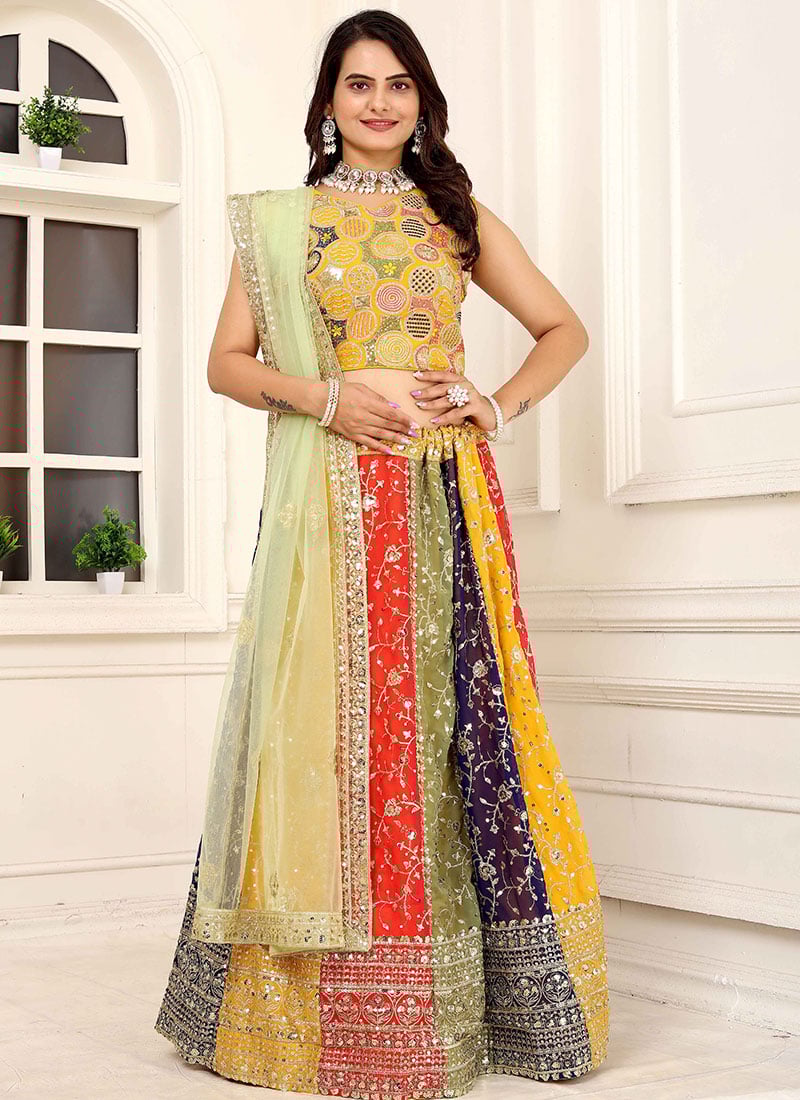 Multicolor Faux Georgette Zari Embroidered Sequins Stunning Lehenga Festive Wear