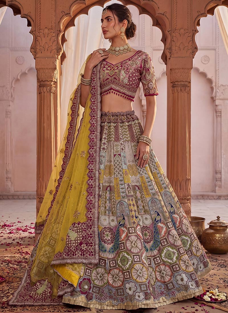 Multicolor Gadhwal Silk Embroidered Sequins With Beads Embellished Lehenga Wedding Wear