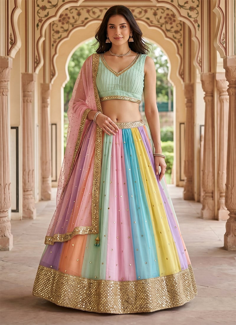 Multicolor Georgette Embroidery Sequins Lehenga Wedding Wear
