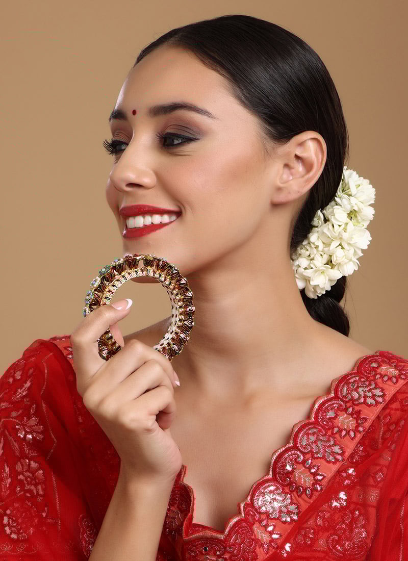 Multicolor Gold Plated Hand Crafted Meenakari And Pearl Work Kada Wedding Wear