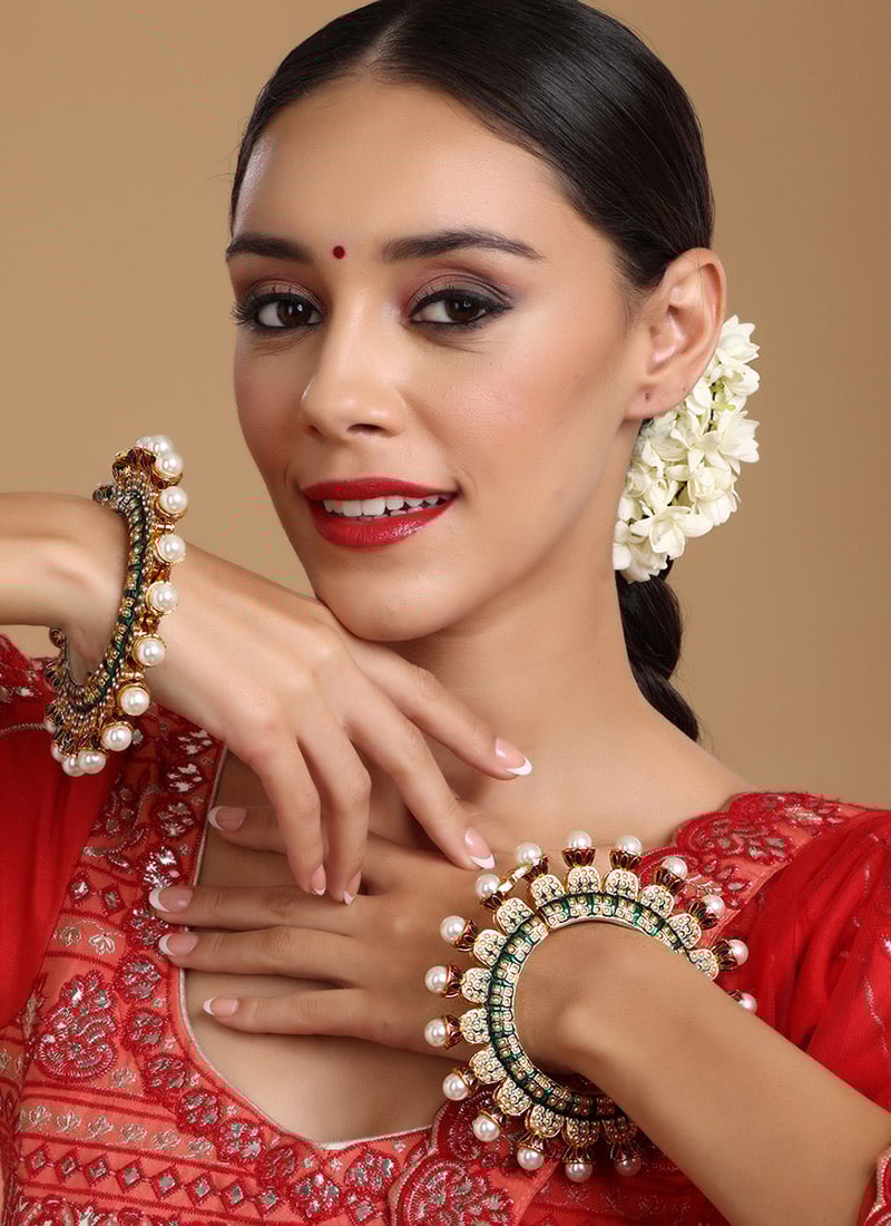Multicolor Gold Plated Hand Crafted Meenakari And Pearl Work Kada Wedding Wear