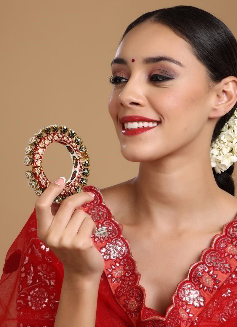 Multicolor Gold Plated Hand Crafted Meenakari And Pearl Work Kada