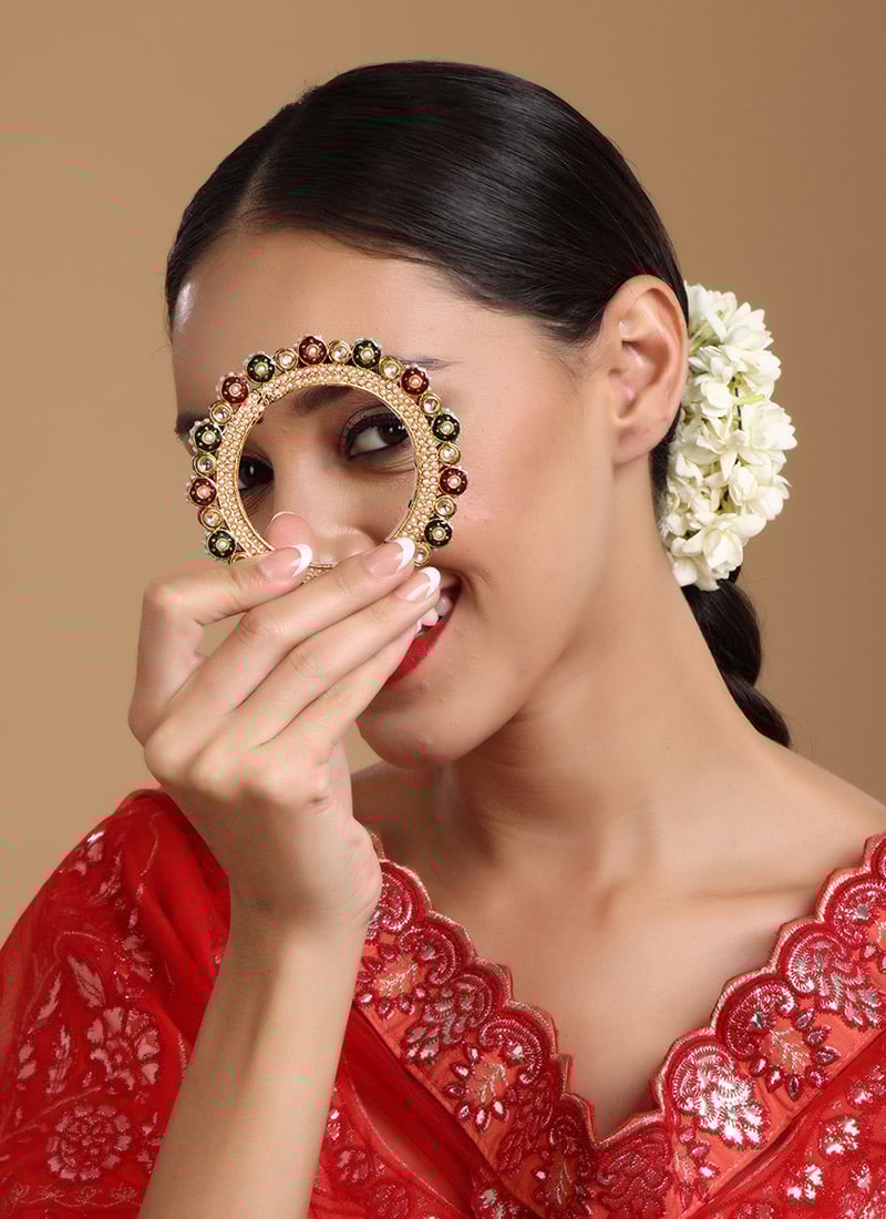 Multicolor Gold Plated Hand Crafted Meenakari And Pearl Work Kada Wedding Wear