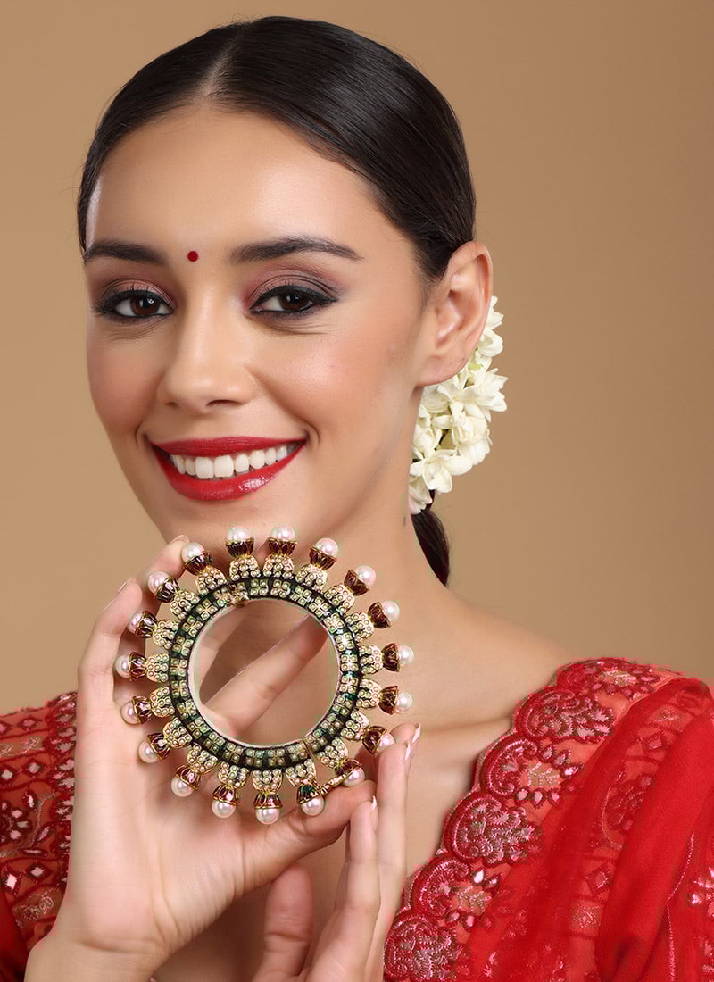 Multicolor Gold Plated Hand Crafted Meenakari And Pearl Work Kada Wedding Wear