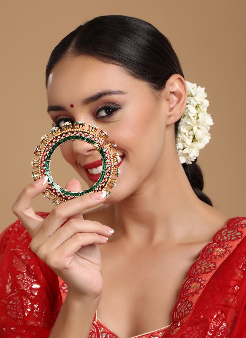 Multicolor Gold Plated Hand Crafted Meenakari And Pearl Work Kada Wedding Wear