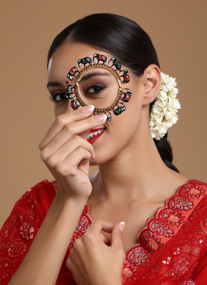 Multicolor Gold Plated Hand Crafted Meenakari Elephant Kada Wedding Wear