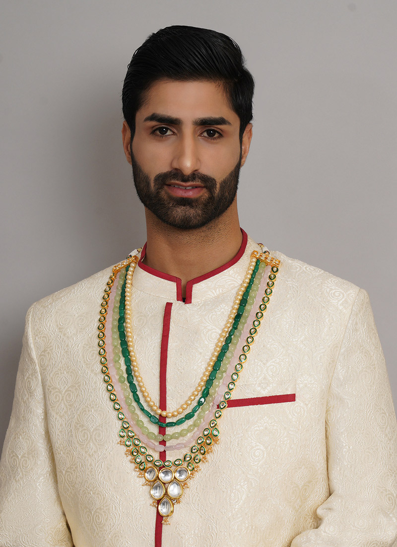 Multicolor Gold Plated Kundan And Pearl Meenakari Long Necklace For Men Wedding Wear