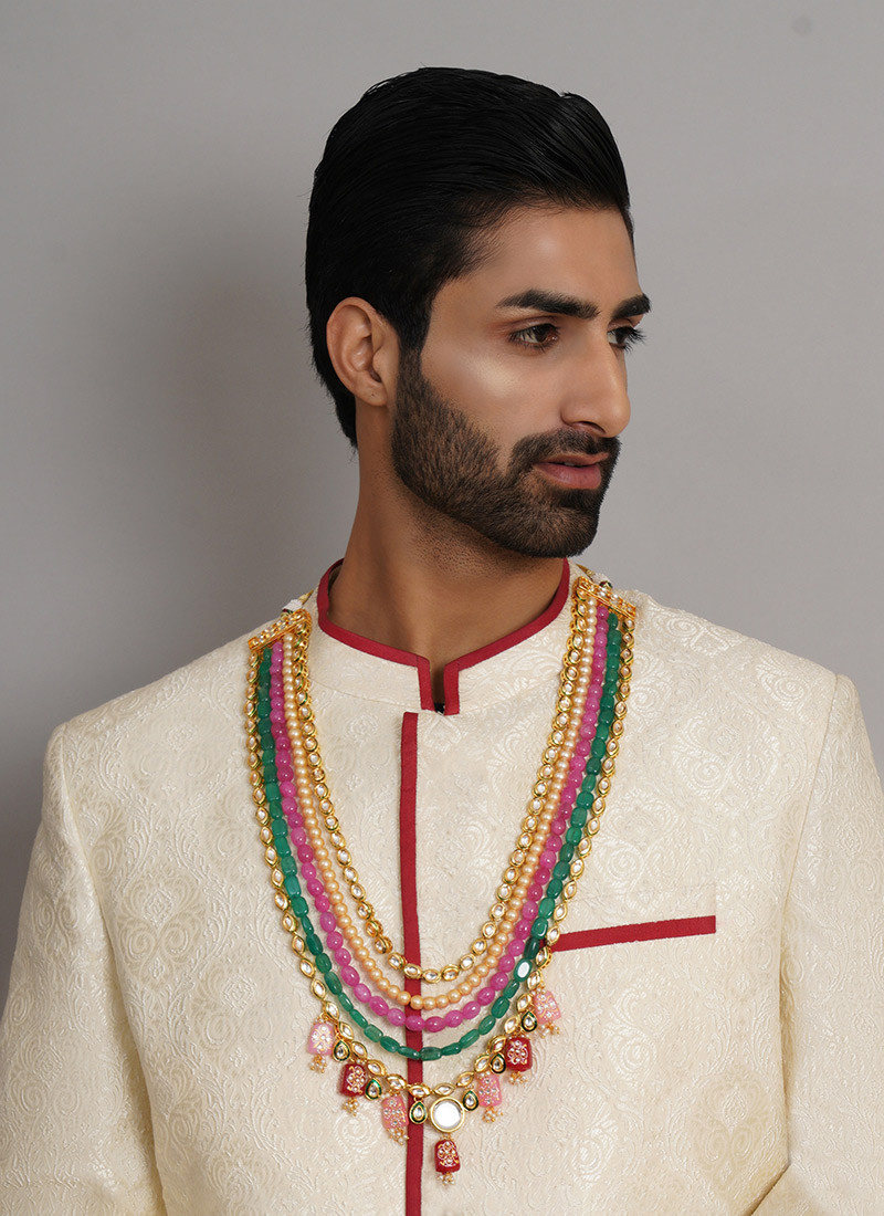 Multicolor Gold Plated Kundan And Pearl Meenakari Long Necklace For Men Wedding Wear