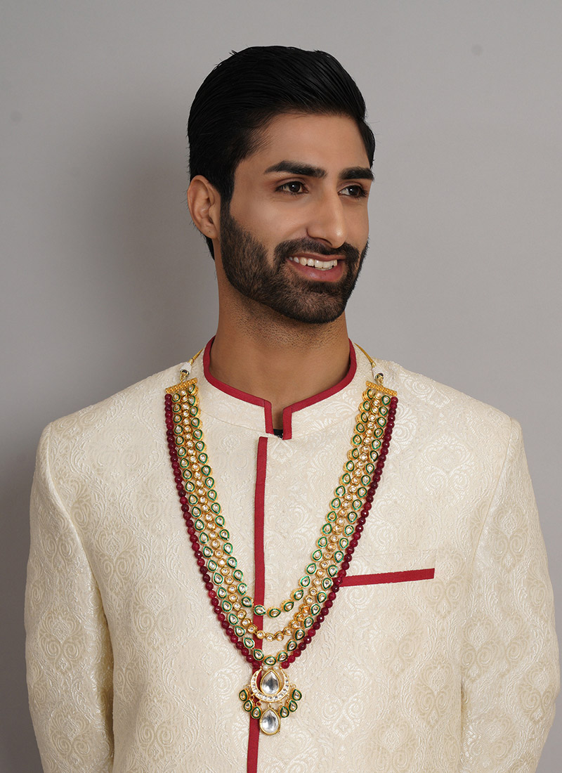 Multicolor Gold Plated Kundan And Pearl Meenakari Long Necklace For Men Wedding Wear
