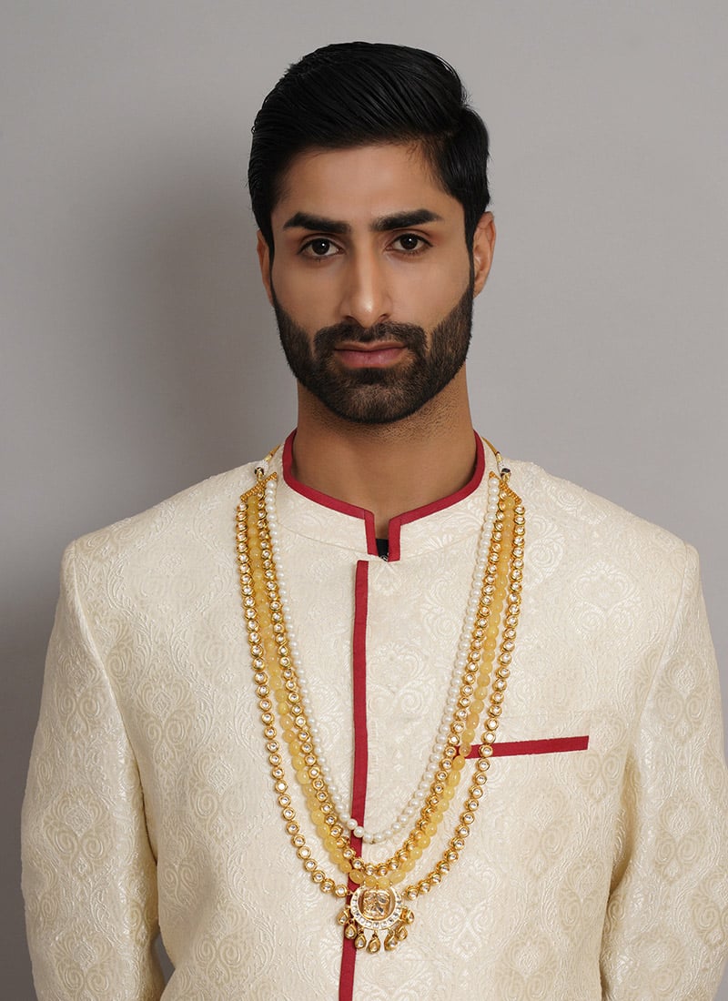 Multicolor Gold Plated Kundan And Pearl Meenakari Long Necklace For Men Wedding Wear