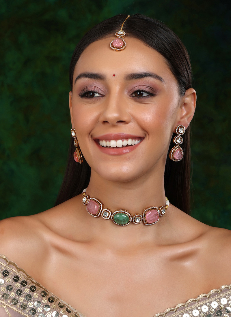 Multicolor Gold Plated Kundan Studded With Stone Work Choker Wedding Wear