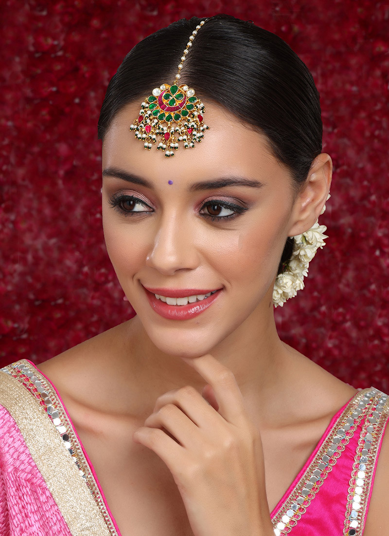 Multicolor Gold Plated Kundan With Meenakari And Pearl Work Maangtikka Festive Wear