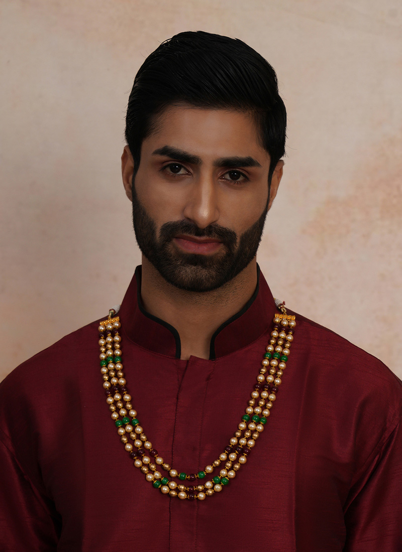 Multicolor Gold Plated Pearl Layered Necklace For Men Wedding Wear