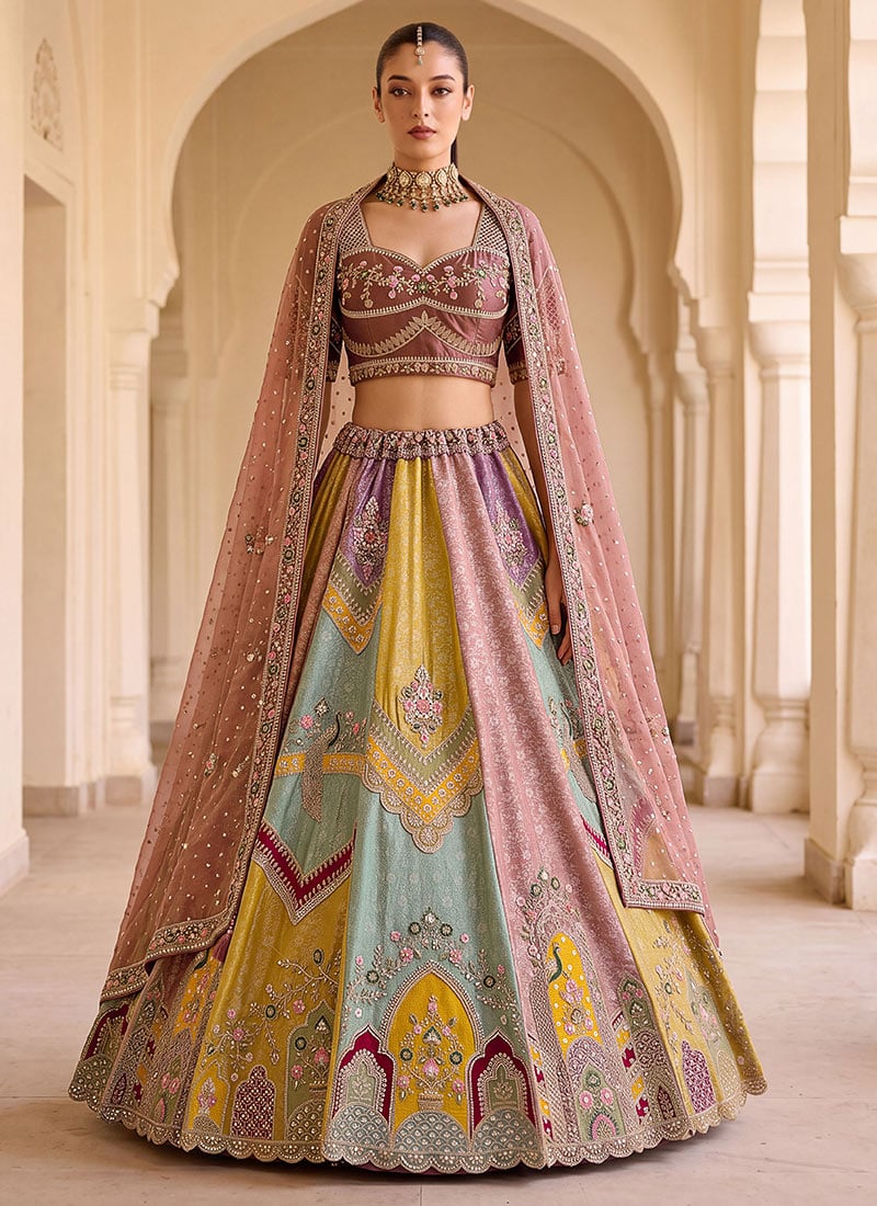 Multicolor Hand Embroidered Sequins Zari Work Silk Lehenga Wedding Wear