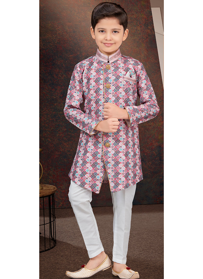 Multicolor Jacquard Printed Kids Boys Indowestern Sherwani  Wedding Wear