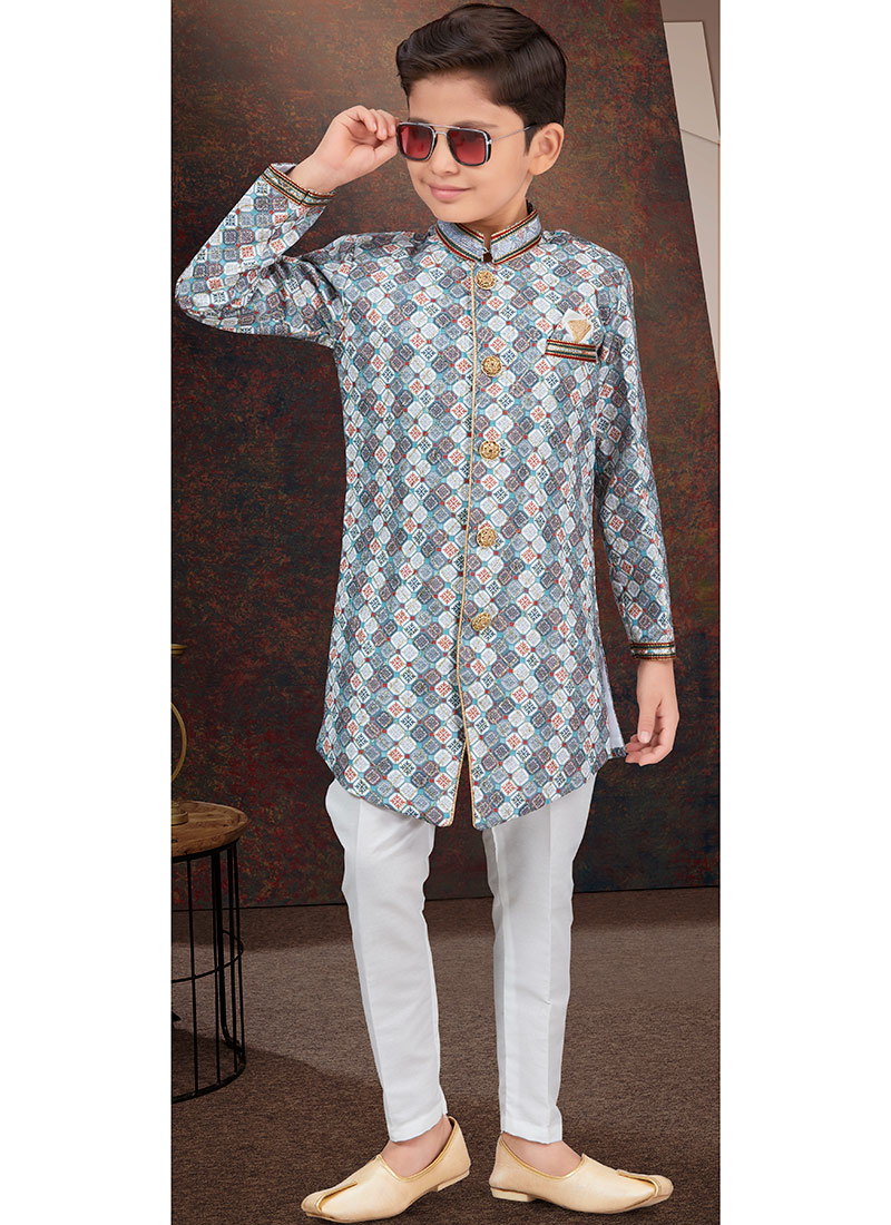 Multicolor Jacquard Printed Kids Boys Indowestern Sherwani