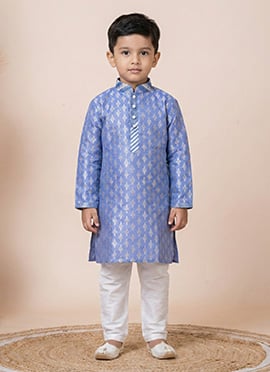 Kids Boys Blue Jacquard Silk Kids Boys Kurta Pyjama