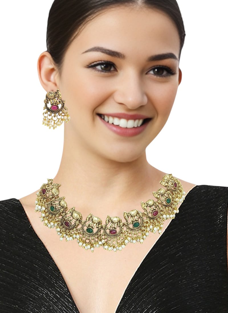Multicolor Kundan And Beads Elephant Design Necklace Set Festive Wear