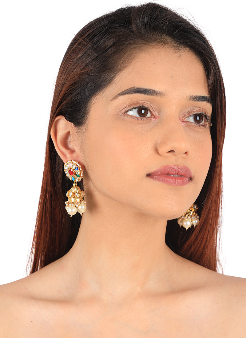 Multicolor Kundan And Beads Jhumka Festive Wear