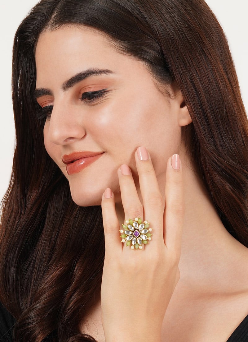 Multicolor Kundan And Moti Ring
