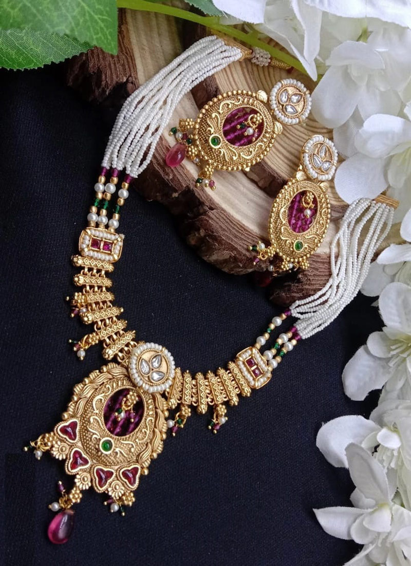 Multicolor Kundan Beads Pearl Alluring Necklace Set Wedding Wear