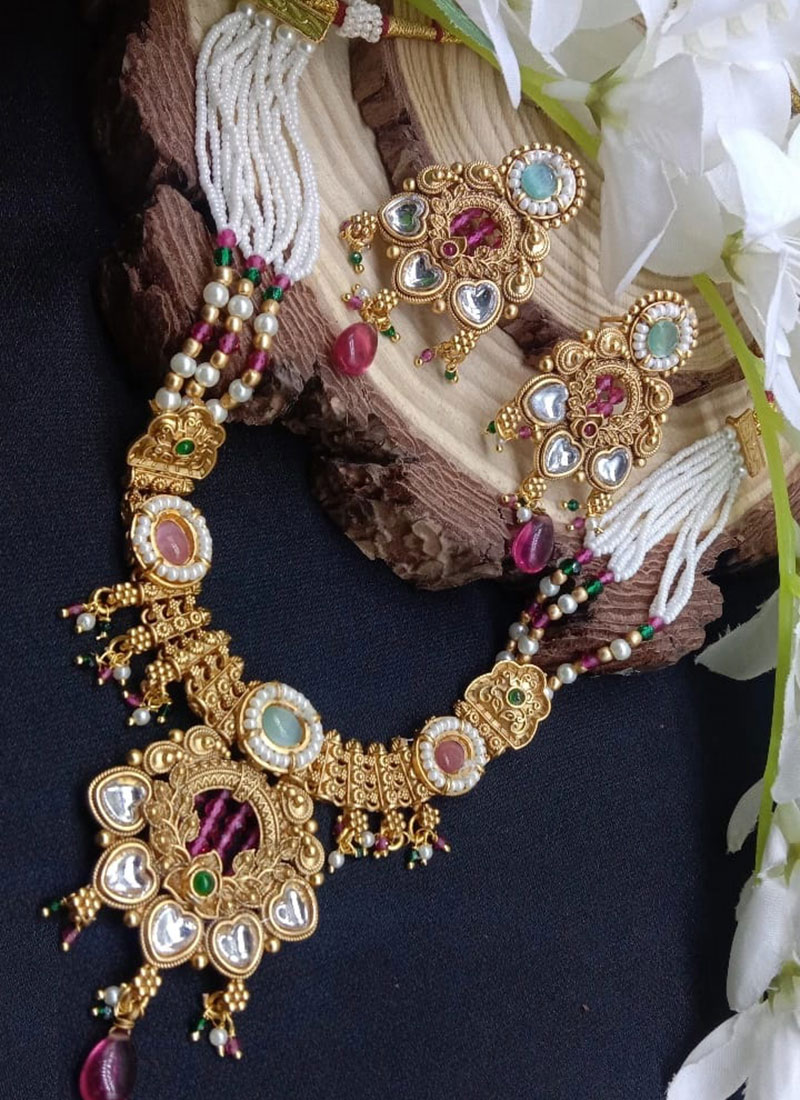 Multicolor Kundan Beads Pearl Intricate Necklace Set Wedding Wear