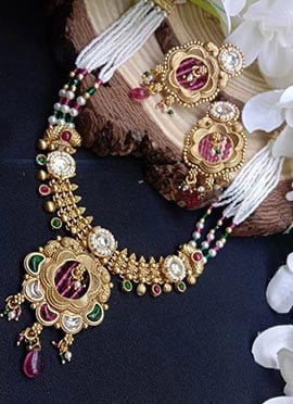 Multicolor Kundan Beads Pearl Necklace Set For Women