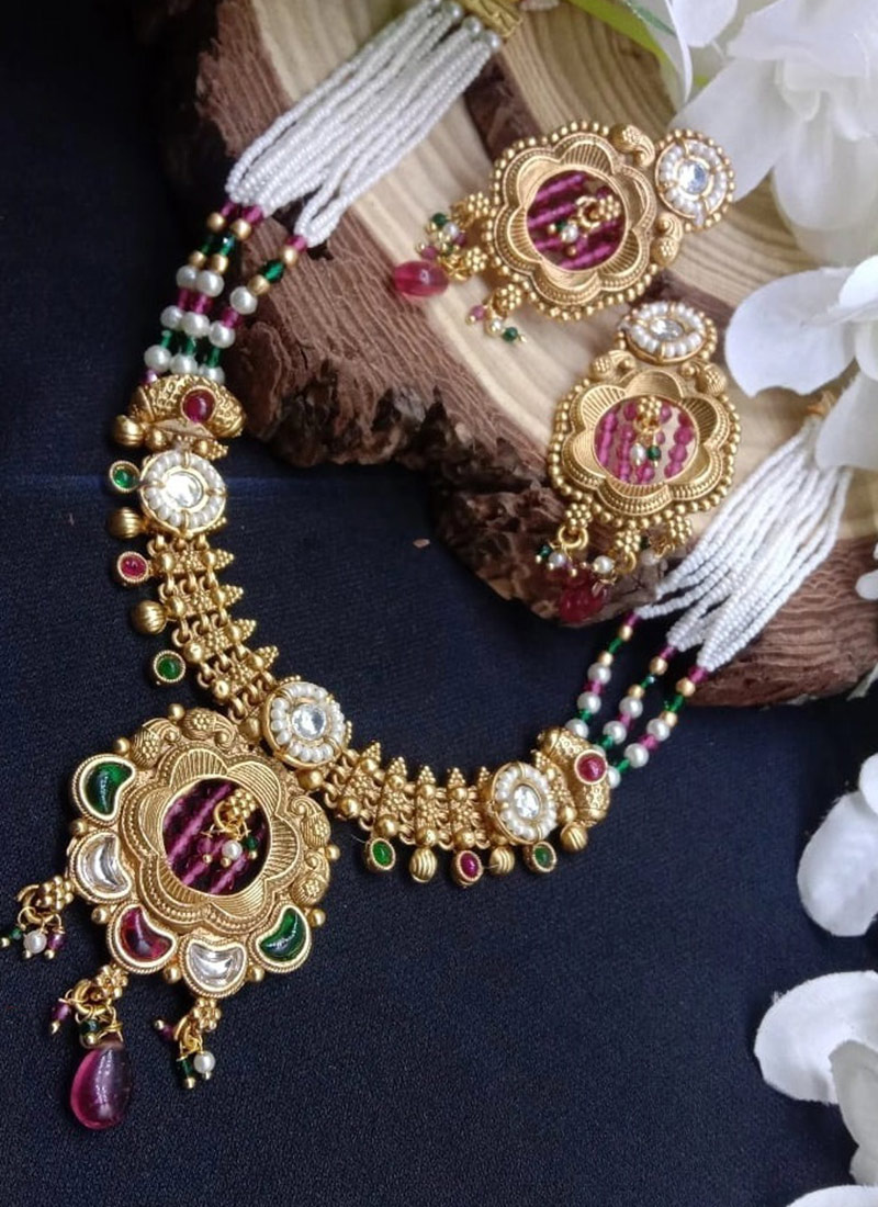 Multicolor Kundan Beads Pearl Necklace Set For Women Wedding Wear