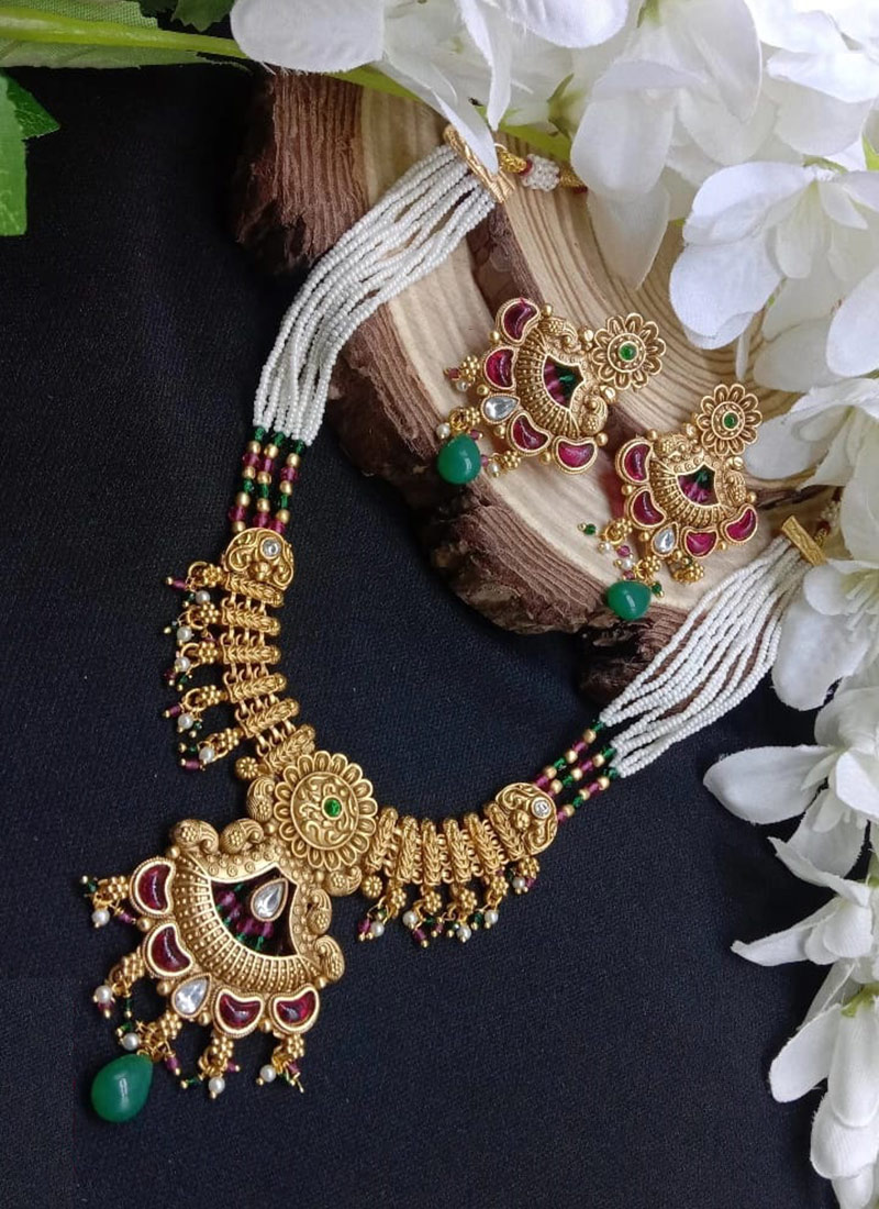 Multicolor Kundan Beads Pearl Necklace Set Wedding Wear