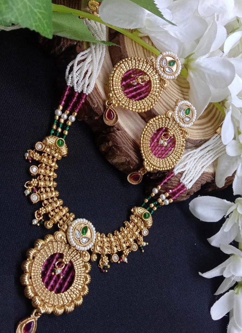 Multicolor Kundan Beads Pearl Necklace Set Wedding Wear