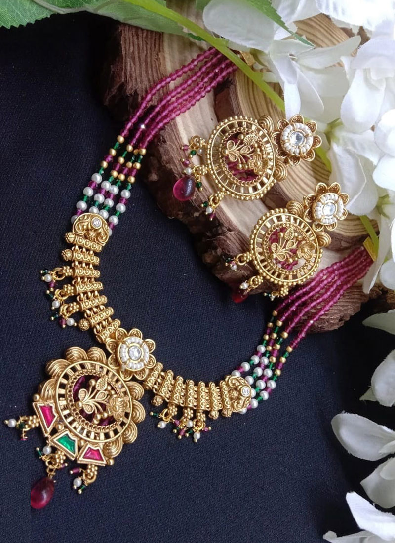 Multicolor Kundan Beads Pearl Necklace Set Wedding Wear