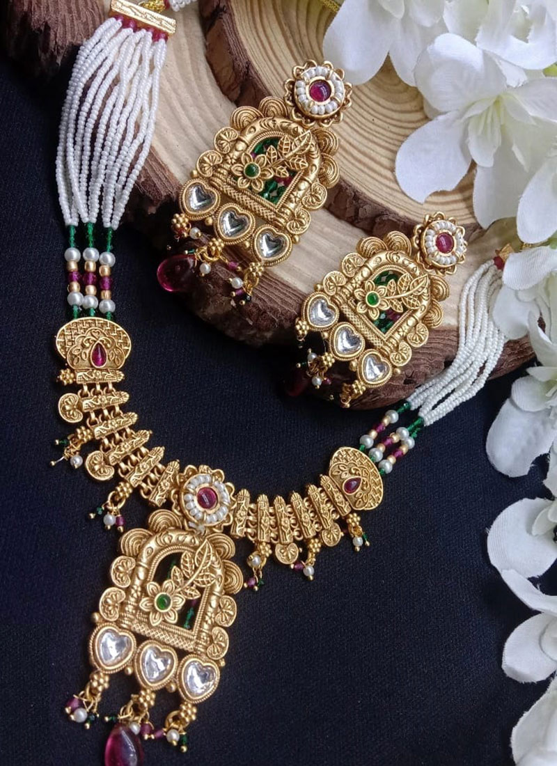 Multicolor Kundan Beads Pearl Statement Necklace Set Wedding Wear