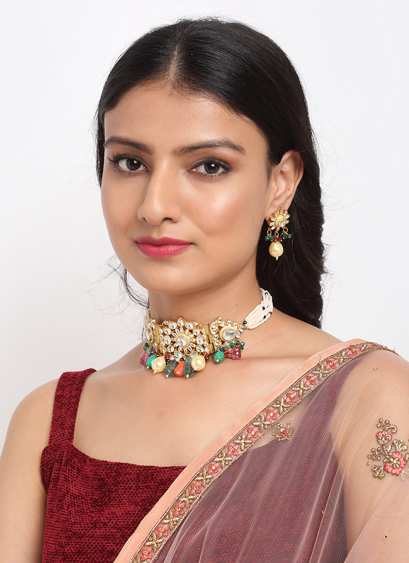 Multicolor Kundan With Beads And Moti Choker Wedding Wear
