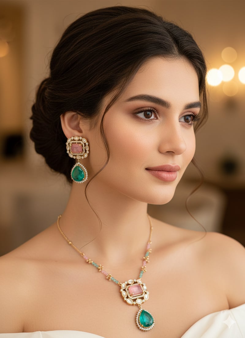 Multicolor Kundan With Stone And Beads Work Necklace Set Wedding Wear