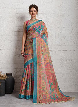 Multicolor Linen Printed Saree
