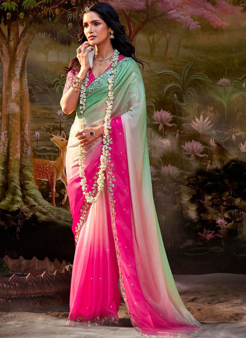 Multicolor Organza Chiffon Embroidered Sequins Ravishing Saree Wedding Wear-SASCC3899KS5348