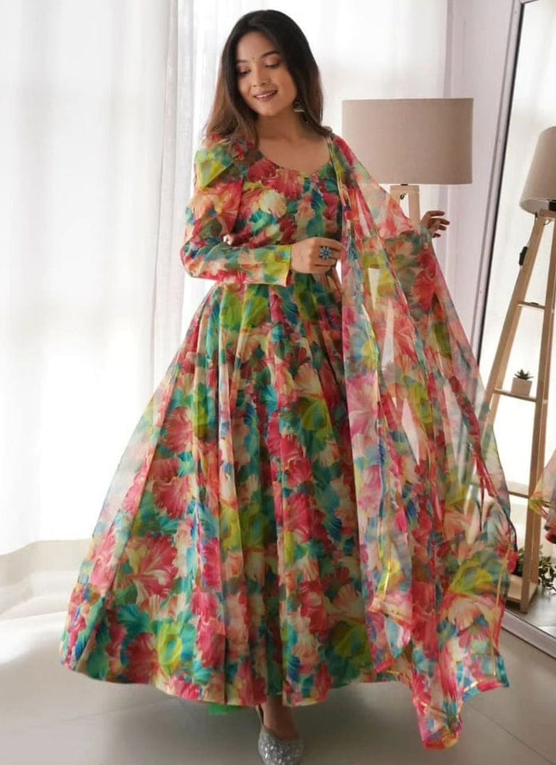 Multicolor Organza Digital Print Anarkali Suit After Six Wear