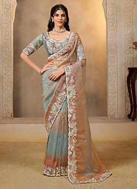 Multicolor Organza Satin Hand Embroidered Sequins With Stone Saree