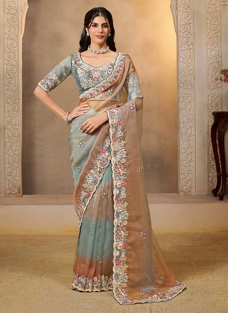 Multicolor Organza Satin Hand Embroidered Sequins With Stone Saree Festive Wear