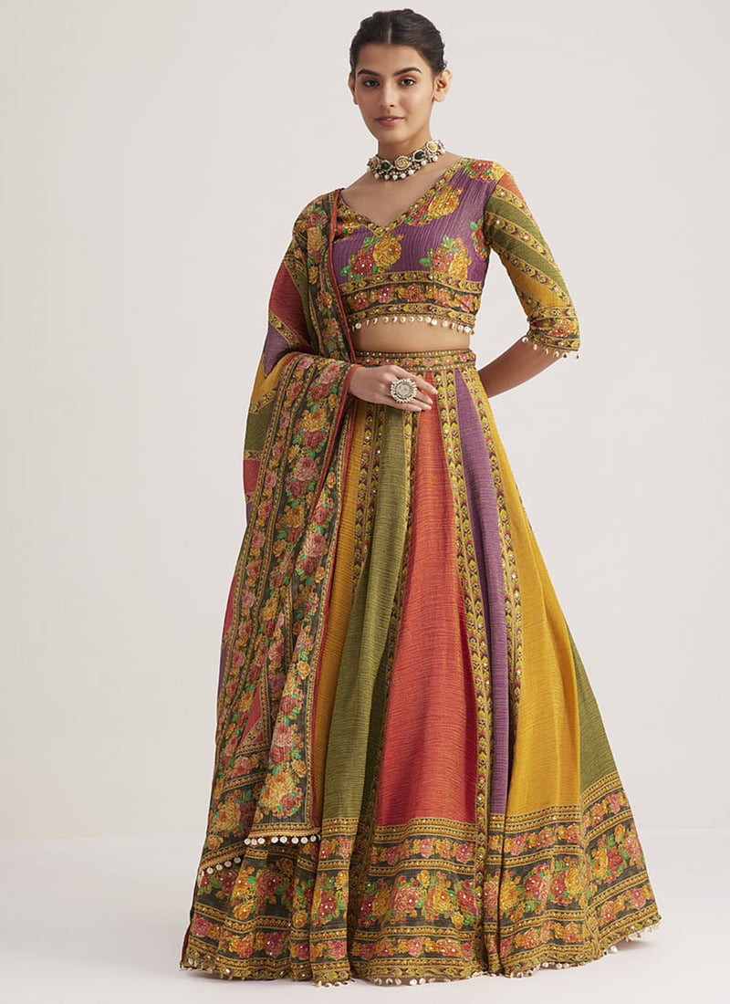 Multicolor Organza Silk Digital Print Hand Embroidered Umbrella Lehenga Wedding Wear