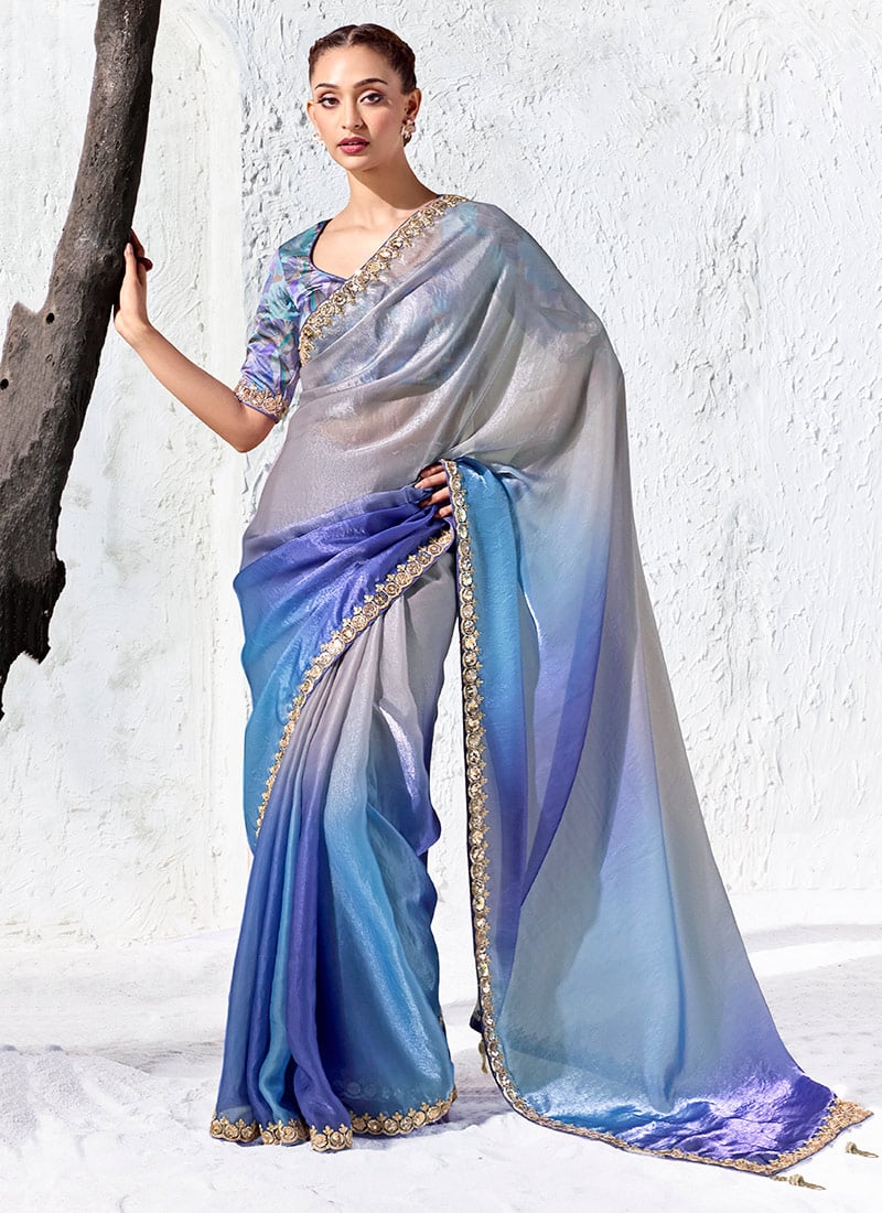 Multicolor Organza Silk Embroidered Saree with Digital Print Blouse After Six Wear