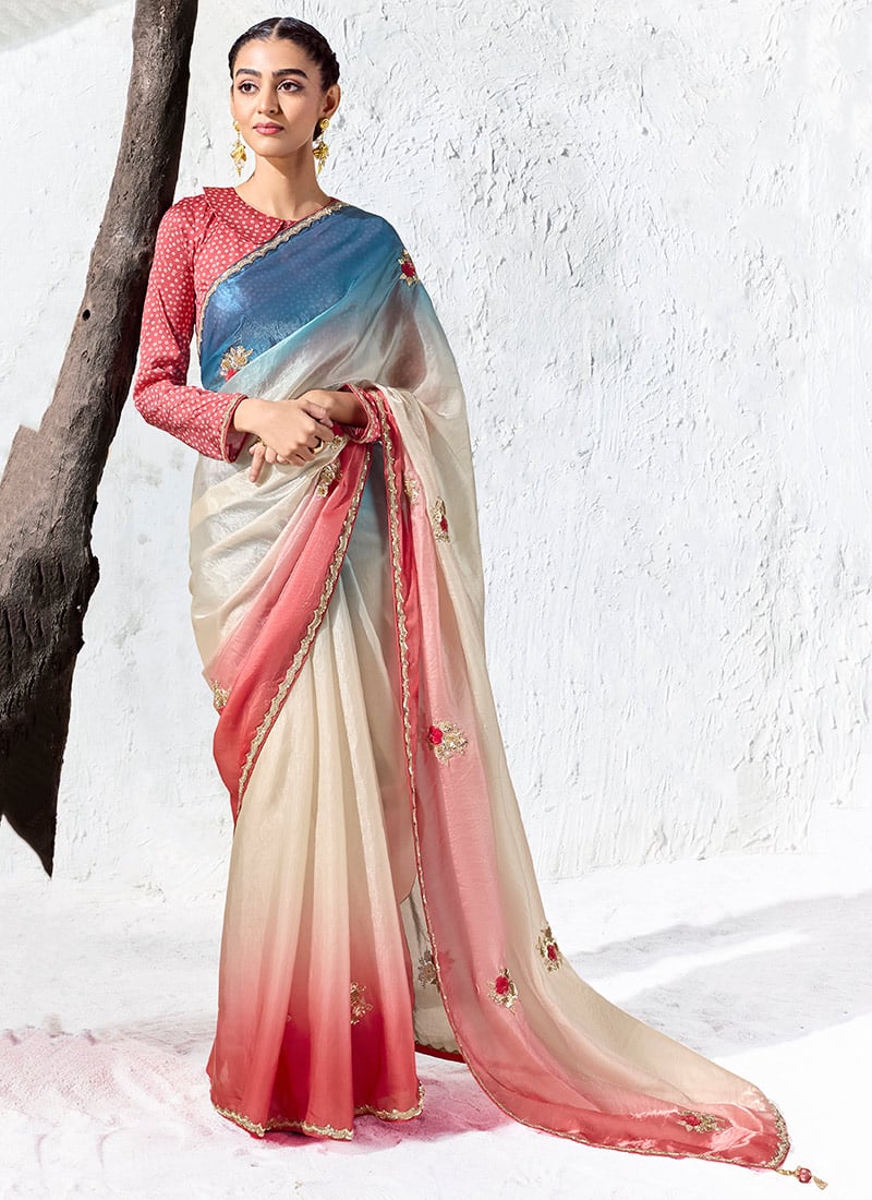 Multicolor Organza Silk Embroidered Saree with Digital Print Blouse After Six Wear