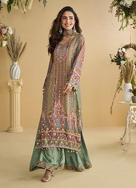 Multicolor Crepe Printed With Stone Work Sequins Palazzo Suit
