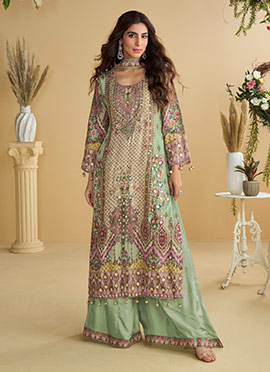 Multicolor Crepe Printed With Stone Work Sequins Palazzo Suit