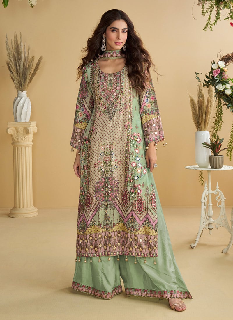 Multicolor Pink Crepe Printed With Stone Work Sequins Palazzo Suit Festive Wear