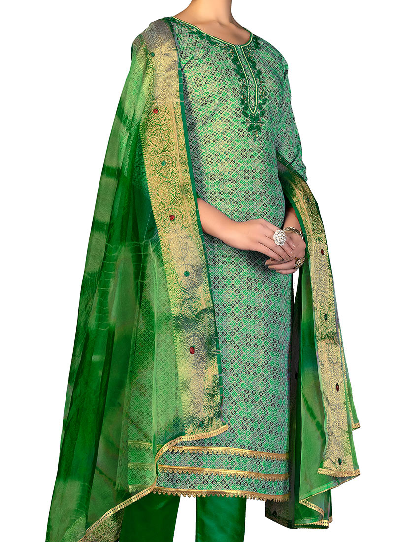 Green Printed Cotton Straight Suit Set